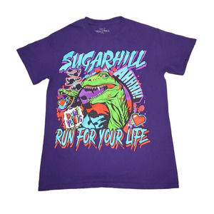 Sugarhill Run For Your Life T-Shirt Purple Dinosaur T-Rex Short Sleeve Sz Small